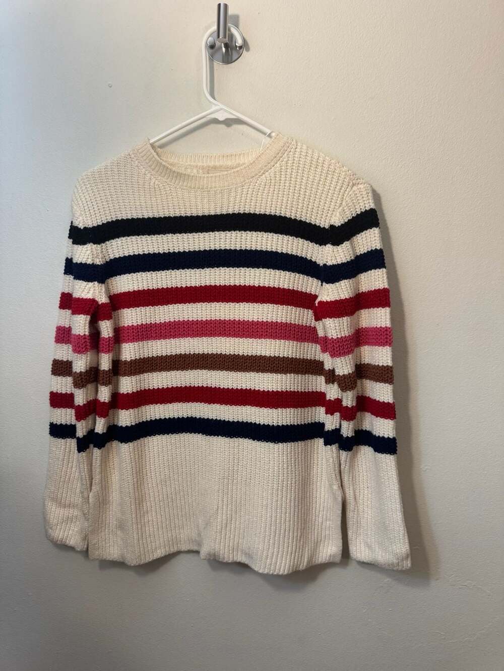 St. John's Bay Women's Ivory Striped Ribbed Crewneck Sweater